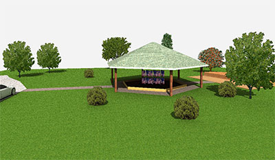 The Iowa County Freedom Rock Pavilion layout plan showing the park with a pathway